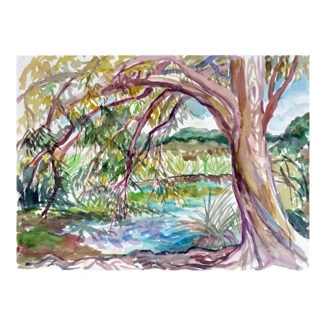 Vintage Watercolor Landscape Tree by Pond by Virginia J Hughins For Sale