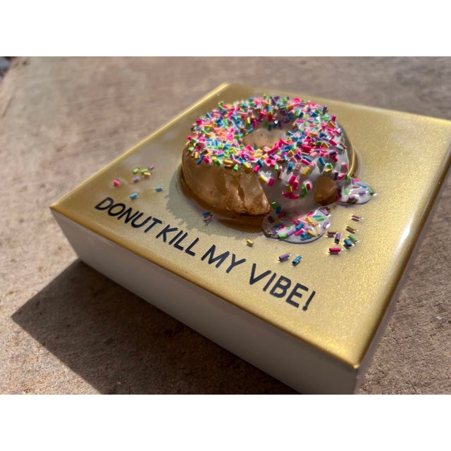 Contemporary Donut Kill My Vibe #4 by Ana Hefco | Mixed Media on Wood Panel Featuring a Colorful Donut For Sale - Image 3 of 4