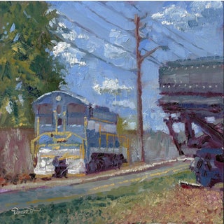 #30 Blue Caboose sole surviving switcher by Delton Demarest | Oil Painting of a blue train caboose For Sale