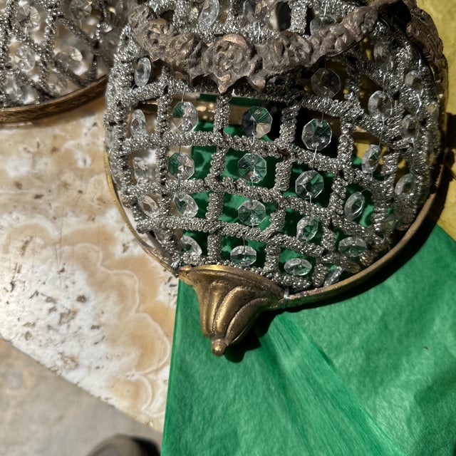 1970s Vintage Gold Metal and Crystal Small Basket Style Wall Sconces - a Pair For Sale - Image 5 of 6