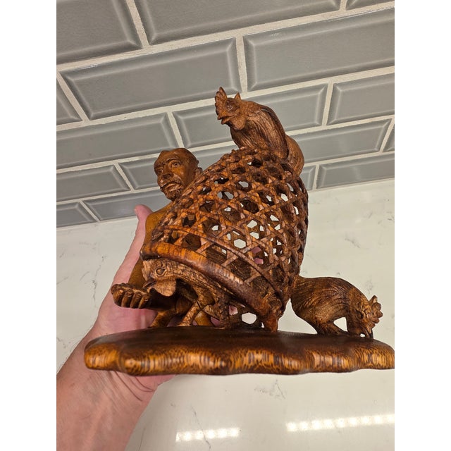 Mid-Century Balinese Teak Cockfighter With Double-Rooster Openwork Cage Sculpture For Sale - Image 9 of 12