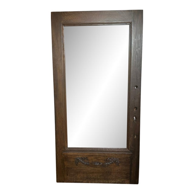 Late 19th Century Solid Wood Oak Door With Original Beveled Glass and Wood Filigree For Sale