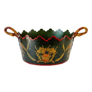 Vintage Italian Tole Hand Painted Faux Malachite Green Oval Jardiniere For Sale