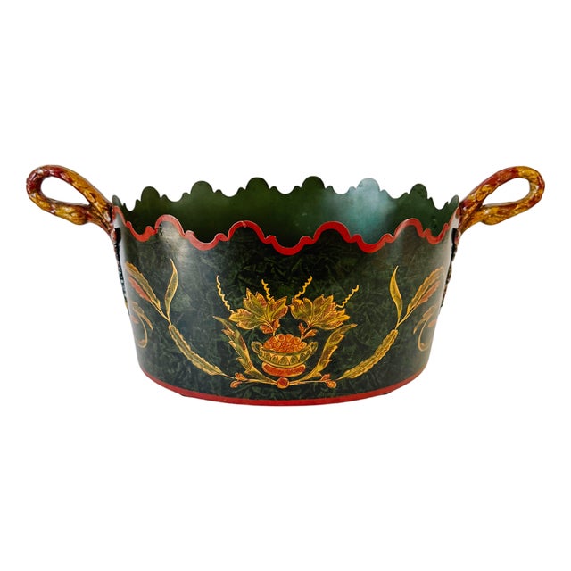 Vintage Italian Tole Hand Painted Faux Malachite Green Oval Jardiniere For Sale