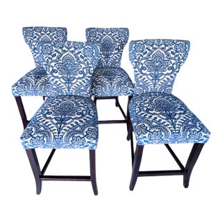 Modern Regal Blue & Ivory Damask Bohemian Lotus Flower Design Counter Stools Set of 4 For Sale