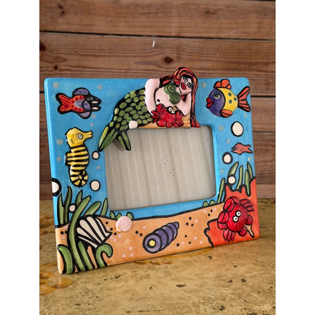Folk Art Whimsical Coastal Mermaid Hand-Painted Ceramic Glazed Picture Frame For Sale - Image 3 of 8