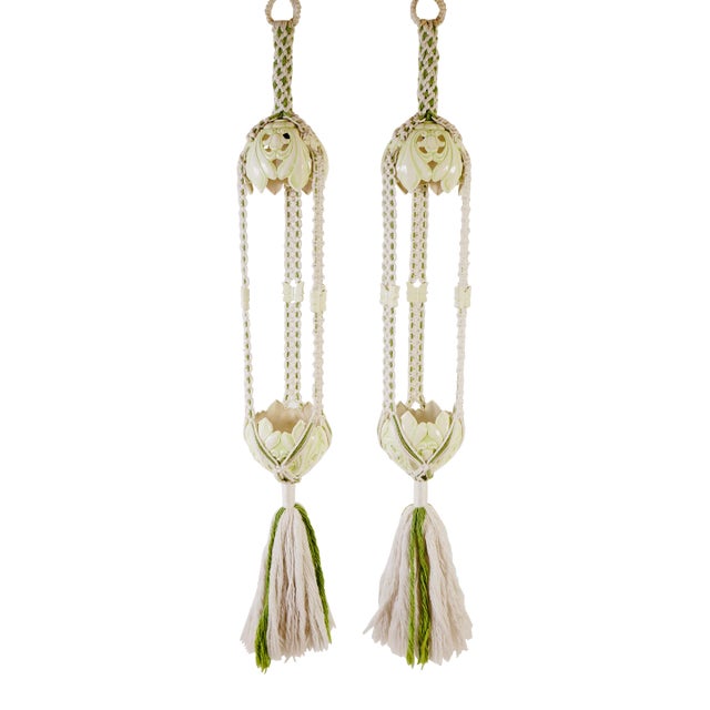 1970s Hanging Macrame Lamp With Planter Decorated With Butterflies Set of 2 For Sale