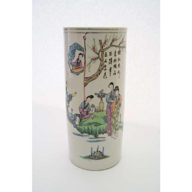 An elegant early to mid 20th century, famille rose, porcelain hat stand. Hand-painted in a palette of soft pinks, greens...