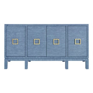 Matthew Izzo Home Effie Denim Blue Grasscloth Four Door Buffet With Glass Top and Brass Square Handles For Sale
