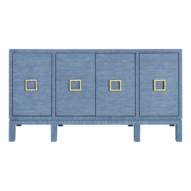 Matthew Izzo Home Effie Denim Blue Grasscloth Four Door Buffet With Glass Top and Brass Square Handles For Sale