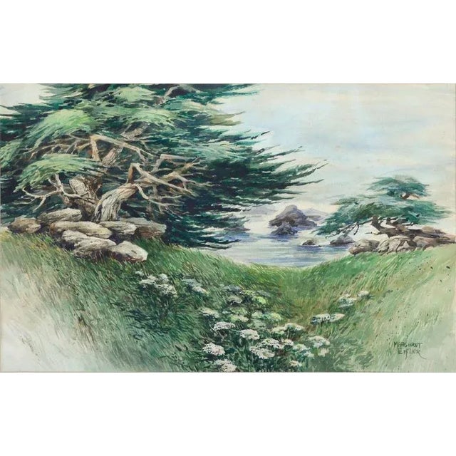 1960s "Carmel Cypress" California Coastal Watercolor Painting For Sale