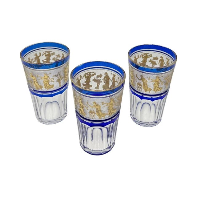 Glass Vintage Set of 3 Val St. Lambert Danse De Flore Cobalt Crystal Tumblers For Sale - Image 7 of 12