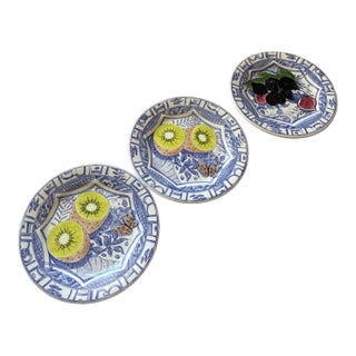 1970s Faience De Gien Oiseau Bleu - 2 Kiwi 1 Fig Set - 3 pcs For Sale