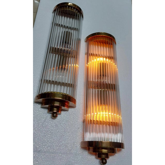 1940s Pair Vintage Art Deco Skyscraper Wall Sconces Fixture Brass & Glass Rod Ship Light For Sale - Image 5 of 7