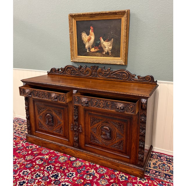 Antique Renaissance Revival French Server Sideboard Buffet Cabinet Oak 19c For Sale - Image 11 of 18