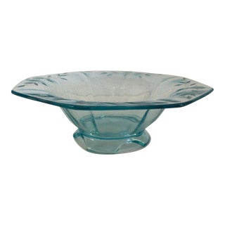 Vintage Teal Etched Glass Serving/Display Bowl For Sale
