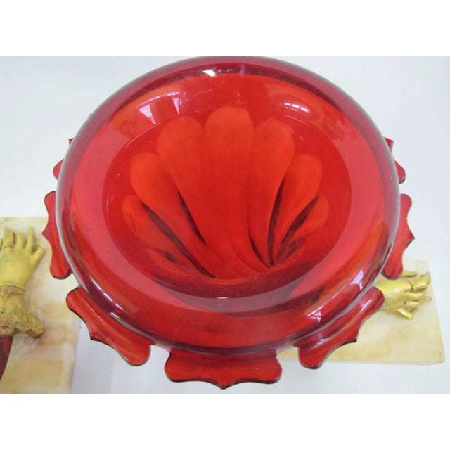 Victorian Cranberry Glass Cornucopia Gilt Bronze Hands Vase Pair on Marble Stand For Sale In Portland, OR - Image 6 of 11