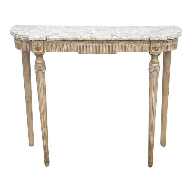 French Louis XVI Style Italian Marble Top Console Table With Gustavian Finish For Sale