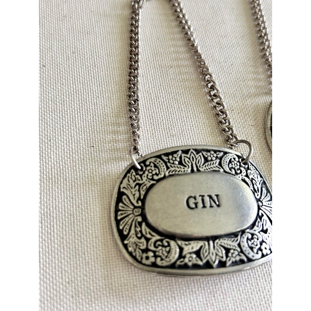 English Vintage Ornate Pewter Gin and Scotch Liquor Decanter Tags, Set of 2 For Sale - Image 3 of 5