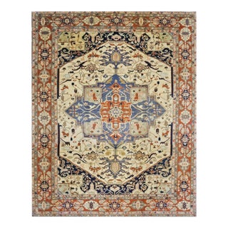 Vintage Persian Serapi Wool 14x18 Ivory, Blue & Rust Handmade Area Rug #9900491 For Sale
