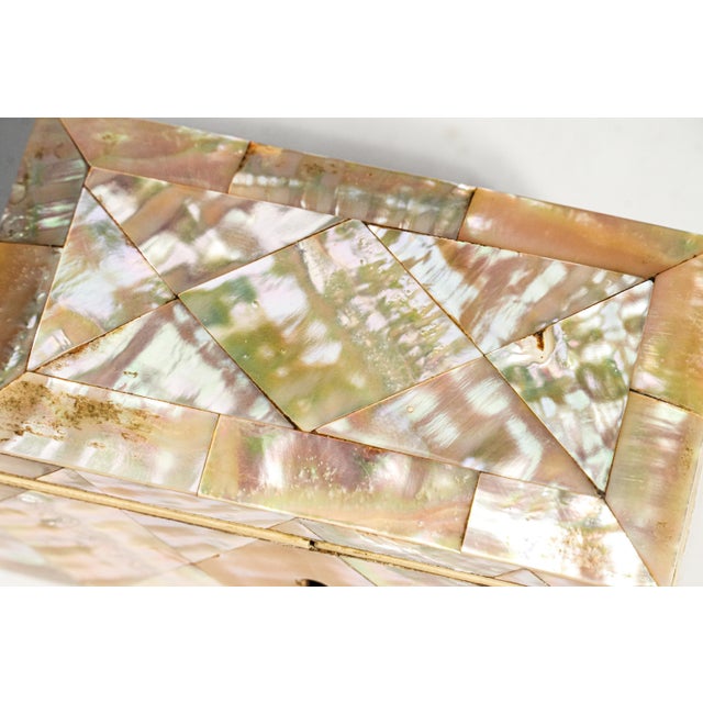 19th Century Rare Antique English Mother of Pearl Jewelry Box Victorian Miniature Keepsake Box With Key For Sale - Image 5 of 14
