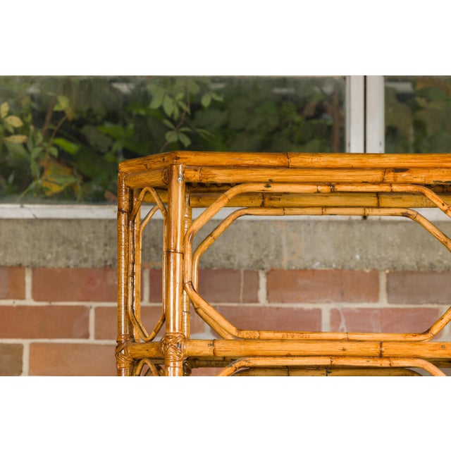 Midcentury Bamboo and Glass Etagère with Five Shelves and Geometric Accents For Sale - Image 9 of 12