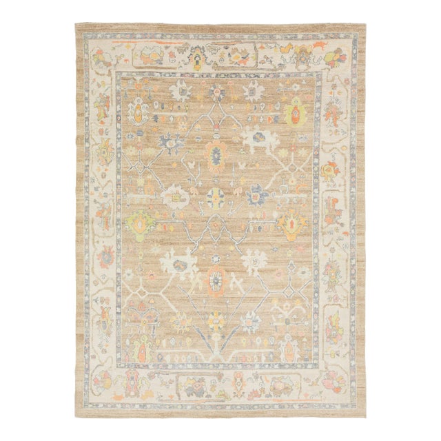 Light Brown Modern Turkish Oushak Wool Rug With Floral Design For Sale