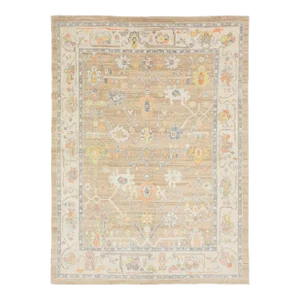 Light Brown Modern Turkish Oushak Wool Rug With Floral Design