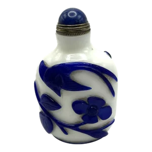 Vintage Opaline Glass Snuff Bottle With Blue Overlay of Birds and Flowers