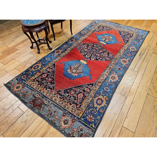 Vintage Persian Bidjar Gallery Rug, Hand-Knotted Wool, Geometric Pattern, Carnelian Red & Blue, 5x9 For Sale - Image 9 of 12
