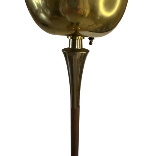 **Description:** Authentic vintage 1950s torchiere floor lamp featuring a gracefully flared brass tulip shade, turned wood...