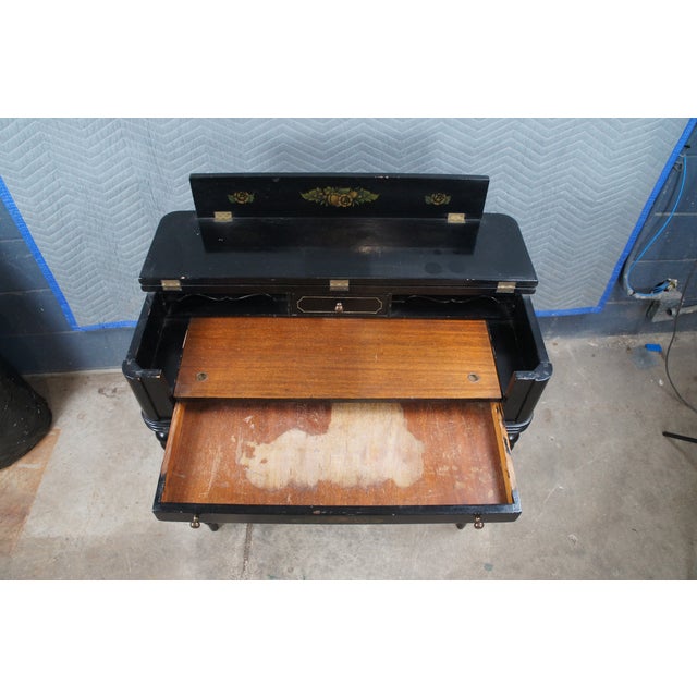 Wood Hitchcock Style Black Lacquered Harvest Stenciled Secretary Writing Desk For Sale - Image 7 of 14
