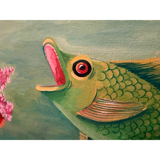 Blue Hand-Painted Tropical Reef Fish Gallery-Wrapped Canvas Painting For Sale - Image 8 of 12