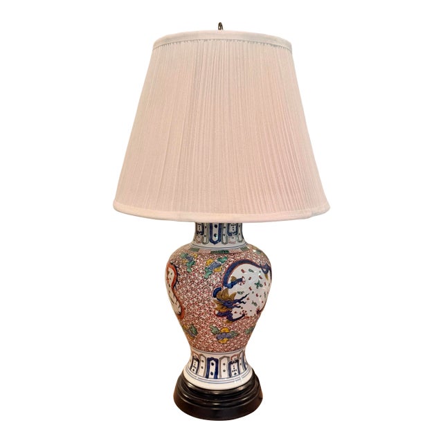 Vintage Chinoiserie Asian Porcelain Dragon Table Lamp With Pleated Shade – 28” For Sale