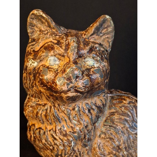 American Antique Cast Iron Seated Cat Doorstop Vintage Orange Painted Feline Figure 4lb For Sale - Image 3 of 18