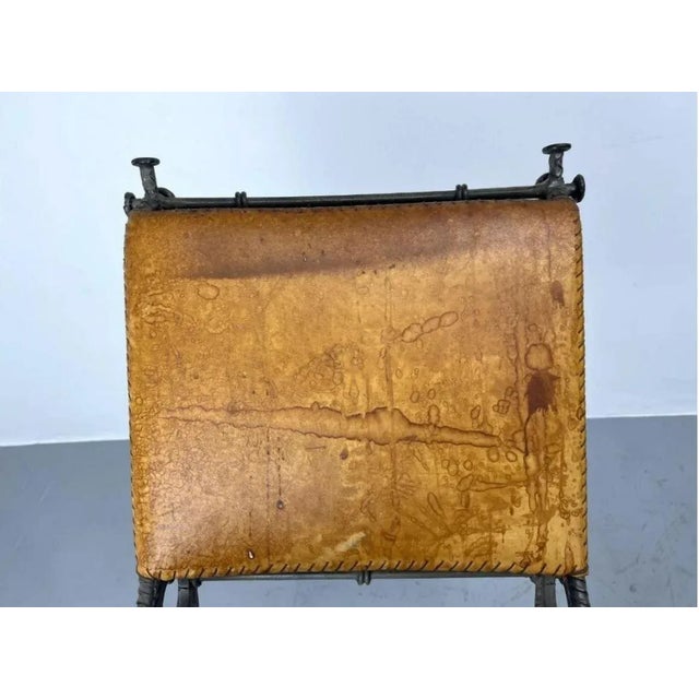 Pair of European Modernist Iron & Rebar Frame Stools in Distressed Leather For Sale - Image 10 of 11
