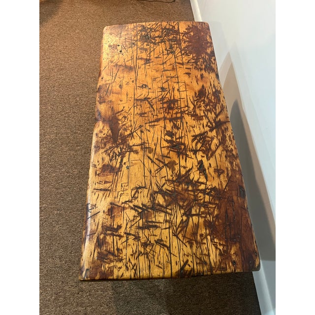 Brown Antique Early American Rustic Bench With Splayed Turned Splayed Legs and Thick Cut Seat For Sale - Image 8 of 12