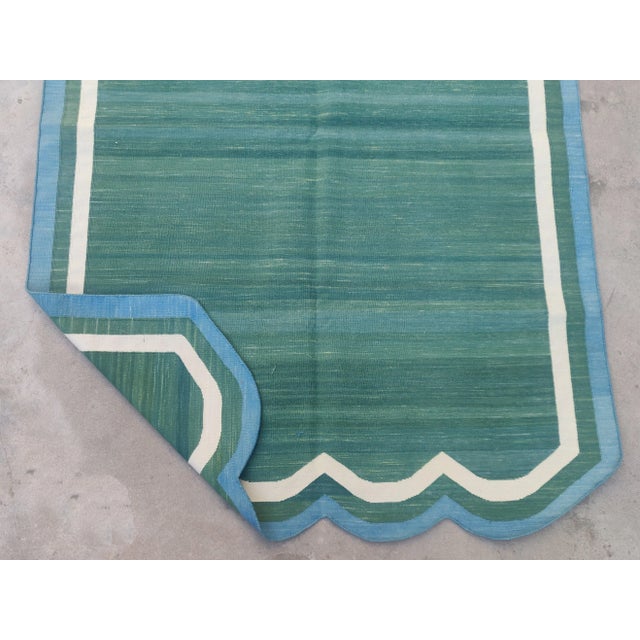 Handmade Cotton Scalloped Rug, Forest Green With Cream and Teal Blue Border - 4'x6' For Sale - Image 10 of 11