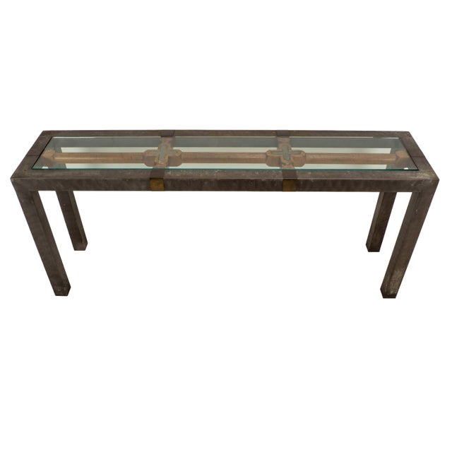 Brutalist Vintage Brutalist Iron, Brass & Wood Console Table W/ Thick Beveled Glass Insert For Sale - Image 3 of 18