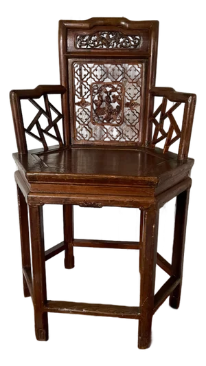 Antique Asian Chinese Style Carved Hexagonal Petit Delicate Small Chair W/Arms