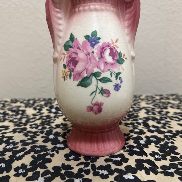 Shabby Chic Royal Copley Cranberry Pink Red Rose 7" Vase Double Handle 1940s Art Pottery For Sale - Image 3 of 9