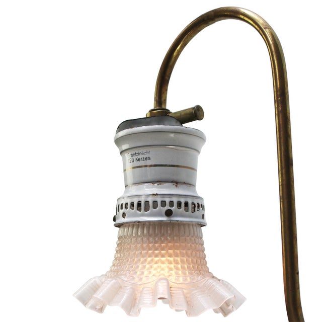 Sconce wall lamp / rewired gas lamp. Ca 1900 White enamel top with mat reeded glass shade Brass arm E27 / E26 Up to 250V...