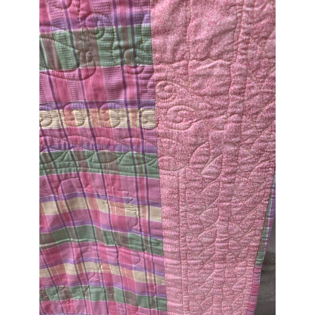 Vintage 1990’s Floral Patchwork Quilt Pink Green Yellow Roses Reversible to Pink Multi Seersucker Motifs 68” X 53” Twin For Sale - Image 12 of 12