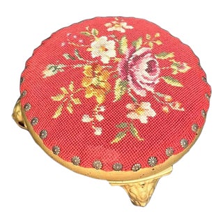 Art Deco Red Needlepoint Floral Footstool For Sale