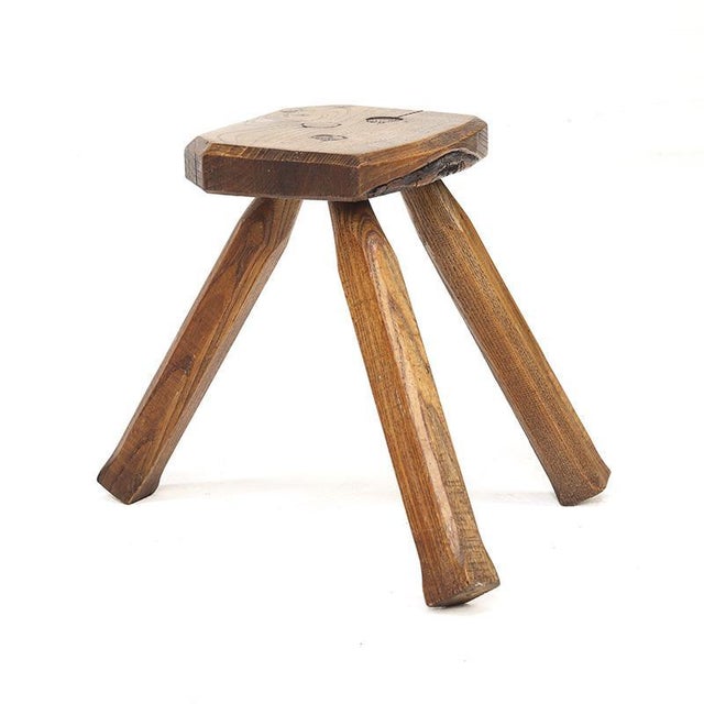 Brown Brutalist Rustic Wabi Sabi Oak Stool For Sale - Image 8 of 8