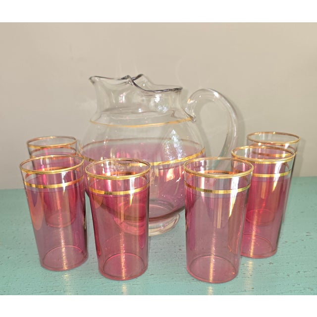 1940s Vintage 1940's MacBeth - Evans Cranberry Lustre Pitcher W/ Gold Stripes , 6 GlassesMacbeth-Evans Cranberry Stain Glass Pitcher Gold Stripes - Set of 7 For Sale - Image 5 of 6