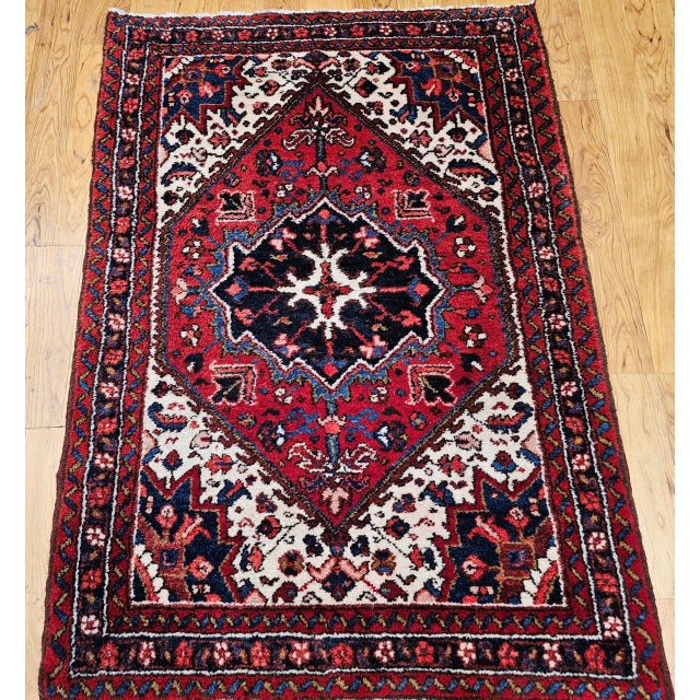 Vintage Persian Heriz Rug, Hand-Knotted Wool, Geometric Medallion Pattern, Red & Ivory, 3x5 For Sale - Image 9 of 17