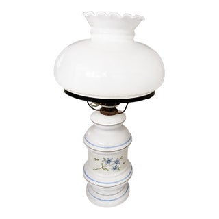 1960s Hand-Painted Milk Glass Hurricane Table Lamp With Ruffled Shade – Floral Blue & White For Sale