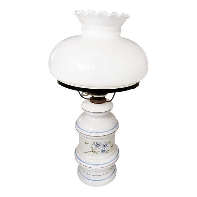1960s Hand-Painted Milk Glass Hurricane Table Lamp With Ruffled Shade – Floral Blue & White For Sale