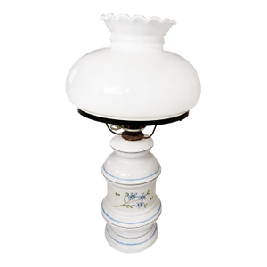 1960s Hand-Painted Milk Glass Hurricane Table Lamp With Ruffled Shade – Floral Blue & White
